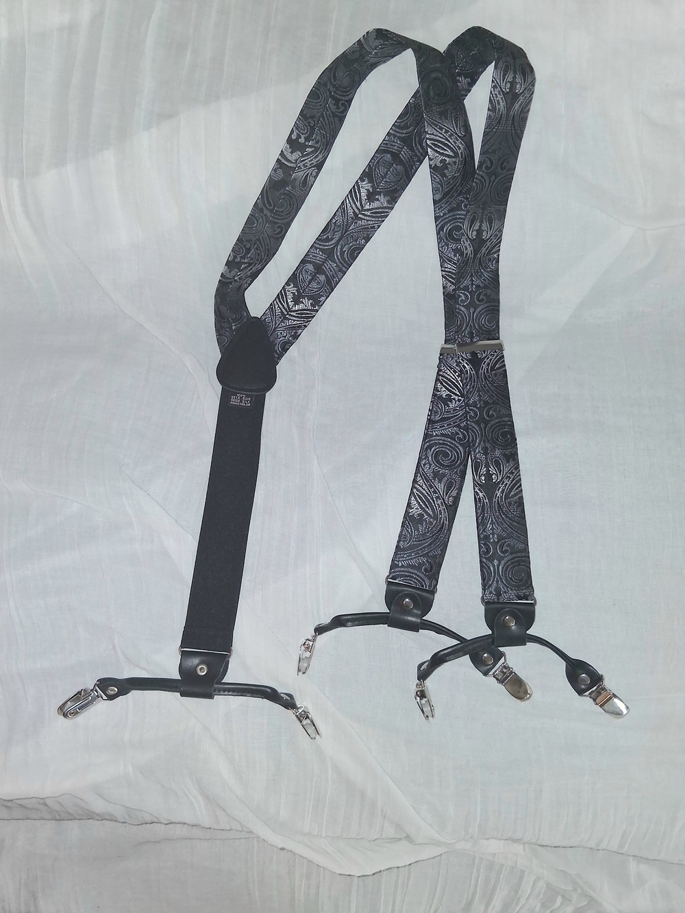 Black And Silver Paisley Clip-Back Silk Suspenders Italy